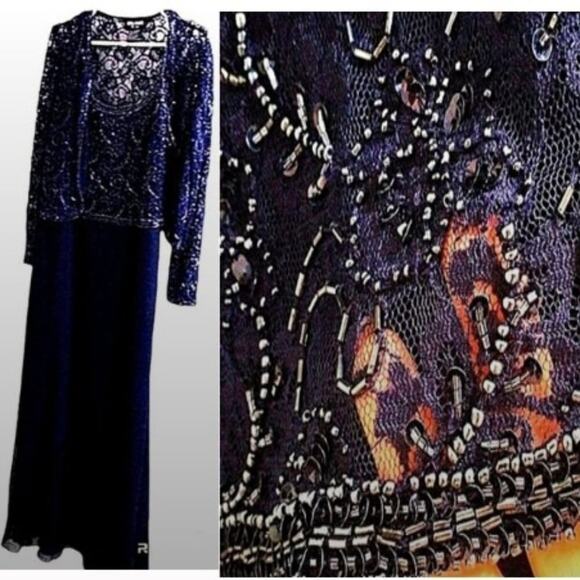 2pc Brilliante Gown & Jacket Sz L Navy Blue Lace Sequins Beaded Mother Wedding - Picture 2 of 16